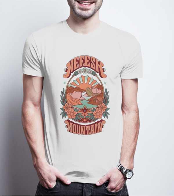 Nefesh Mountain Sunrise Scene With Cabin And Flowers T-Shirt