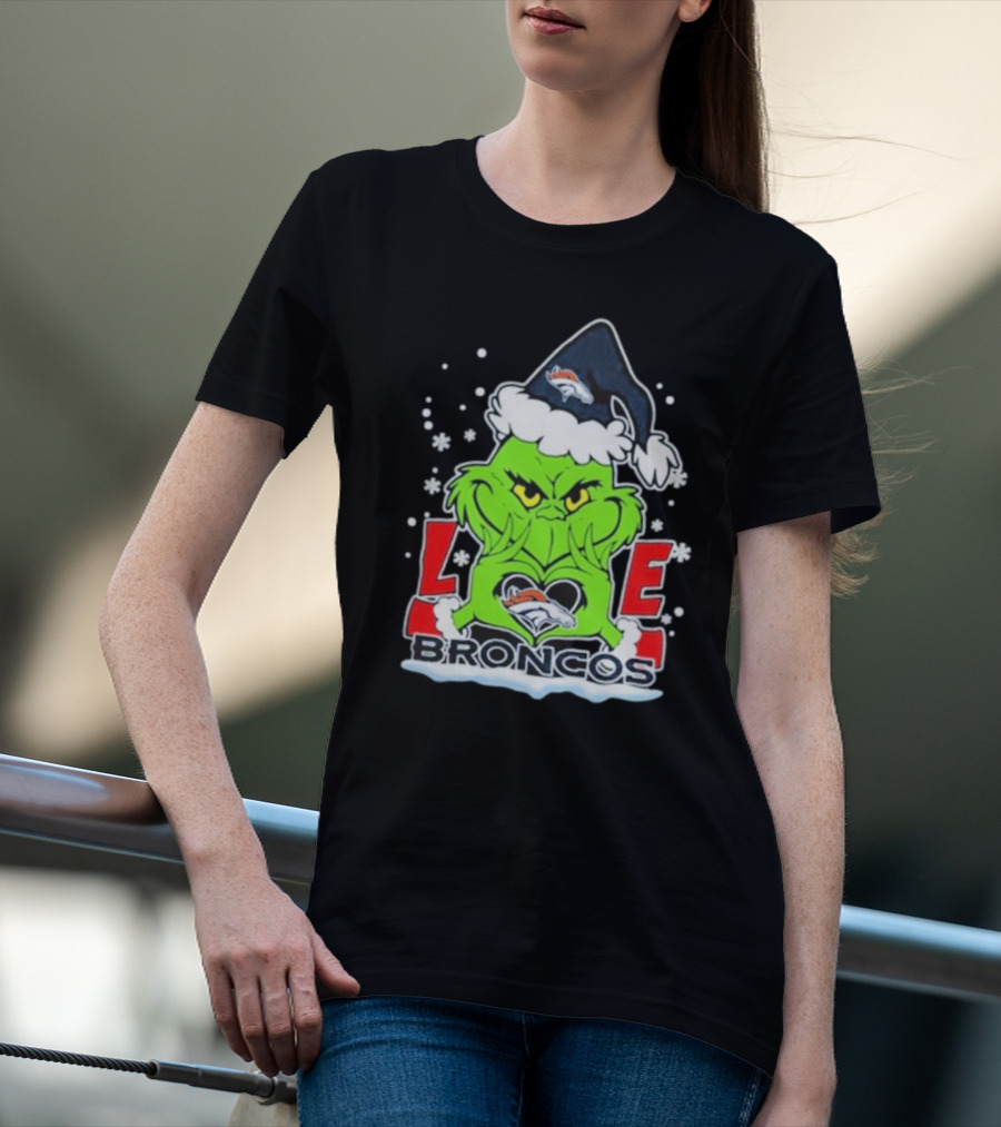 The Grinch Love Denver Broncos Christmas Football T-Shirt