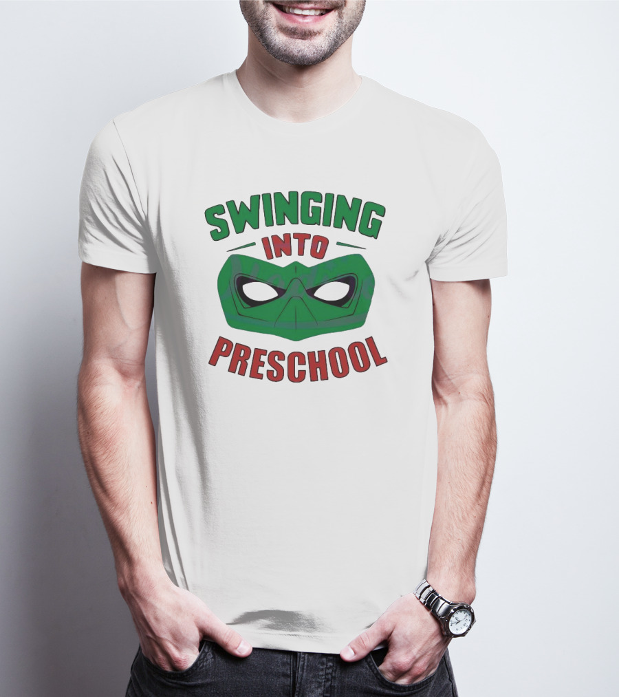 Swinging Into Preschool Green Superhero Mask T-Shirt