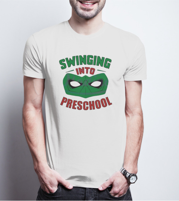 Swinging Into Preschool Green Superhero Mask T-Shirt