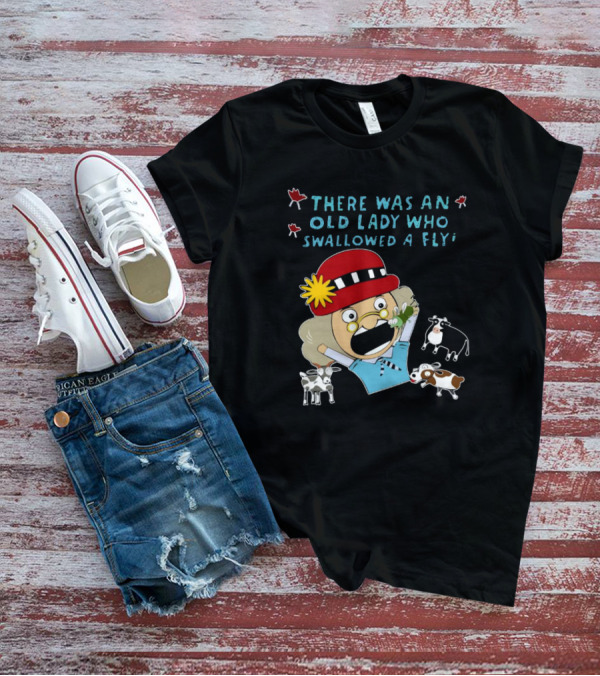 There Was An Old Lady Who Swallowed A Fly Black Funny Cartoon With Animals T-Shirt