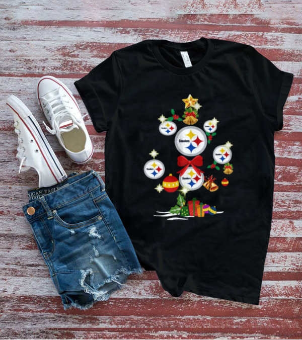 Pittsburgh Steelers Christmas Tree Ornaments With Presents And Stars T-Shirt