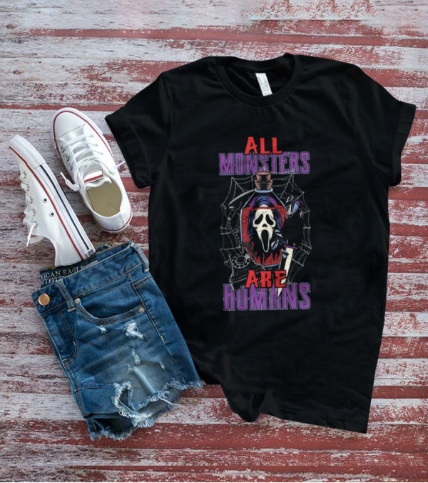 All Monsters Are Human Ghostface Spider Web And Knife T-Shirt