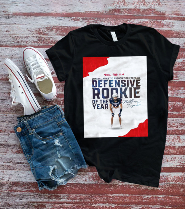 Coastal Athletic Association Football Defensive Rookie Of The Year Matthew Traynor Signature Richmond #2 Red Blue White Football Graphics T-Shirt