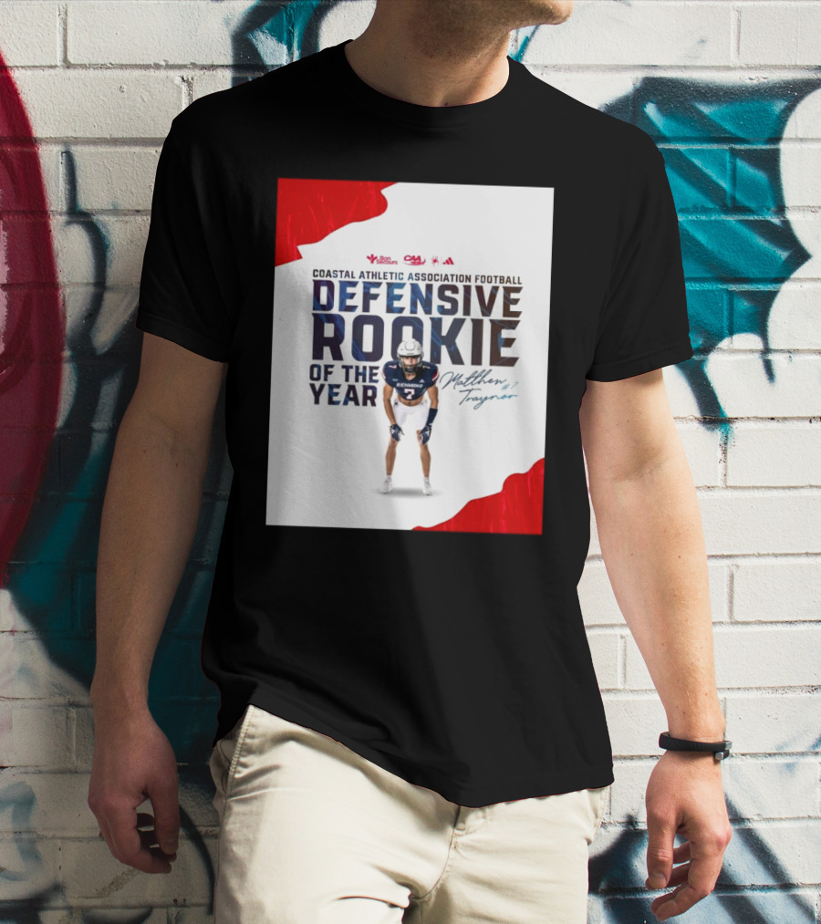 Coastal Athletic Association Football Defensive Rookie Of The Year Matthew Traynor Signature Richmond #2 Red Blue White Football Graphics T-Shirt