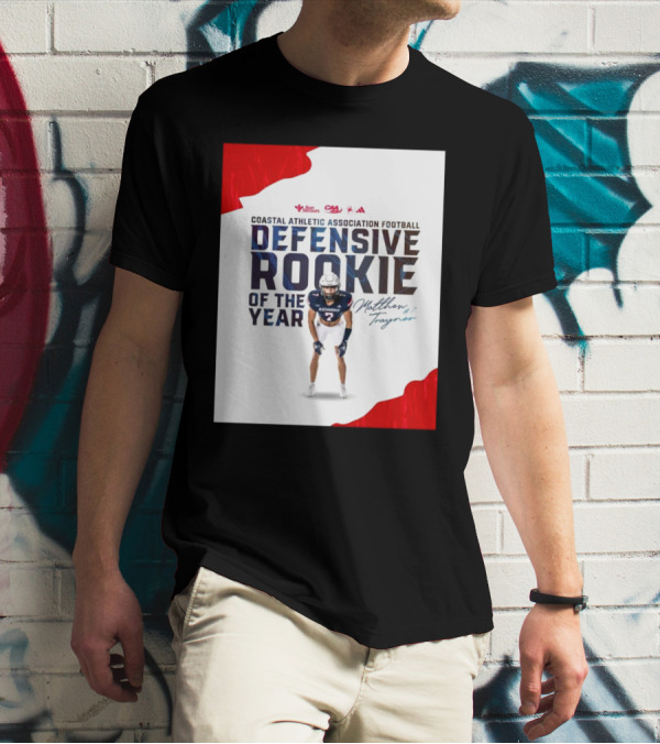 Coastal Athletic Association Football Defensive Rookie Of The Year Matthew Traynor Signature Richmond #2 Red Blue White Football Graphics T-Shirt