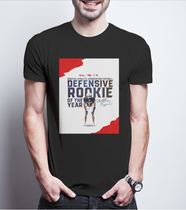 Coastal Athletic Association Football Defensive Rookie Of The Year Matthew Traynor Signature Richmond #2 Red Blue White Football Graphics T-Shirt