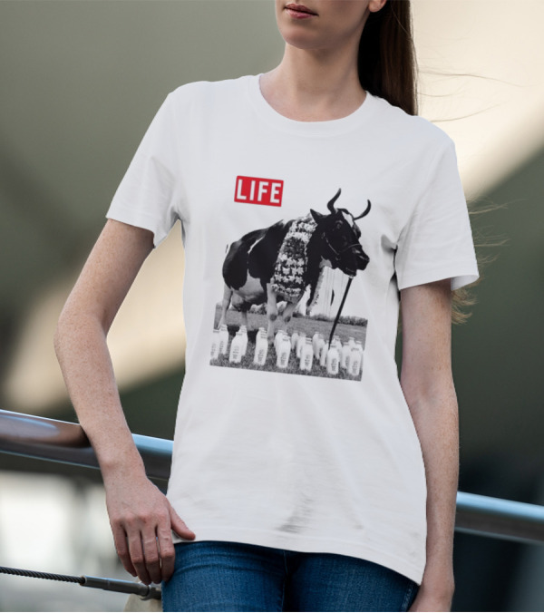 Life Magazine Cow With Milk Bottles And Floral Garland T-Shirt