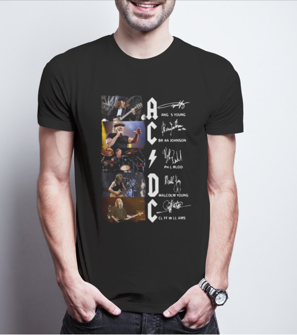 AC DC Angus Young Brian Johnson Phil Rudd Malcolm Young Cliff Williams Signatures Photos T-Shirt