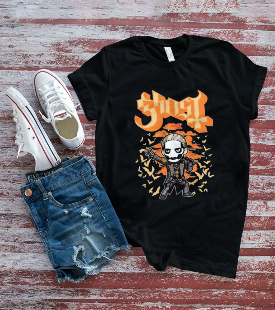 Ghost Band Chibi Style Character With Orange Background And Bats T-Shirt