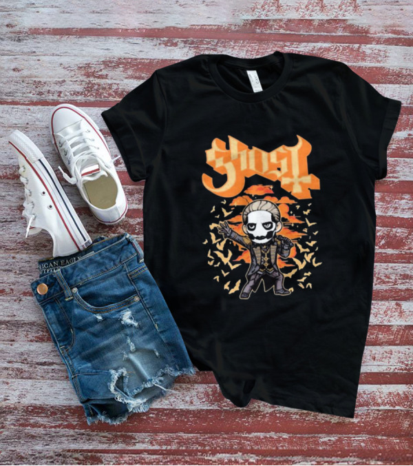 Ghost Band Chibi Style Character With Orange Background And Bats T-Shirt