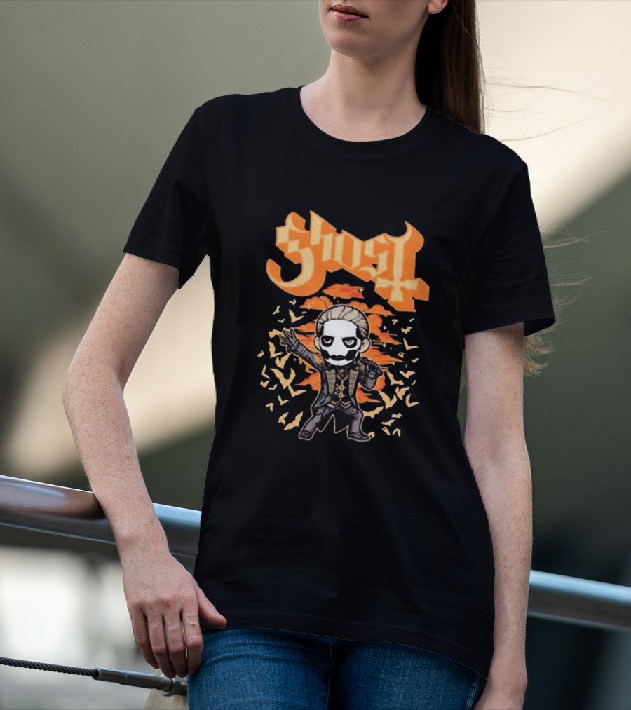Ghost Band Chibi Style Character With Orange Background And Bats T-Shirt