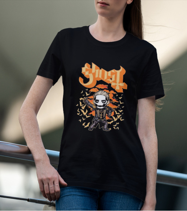 Ghost Band Chibi Style Character With Orange Background And Bats T-Shirt
