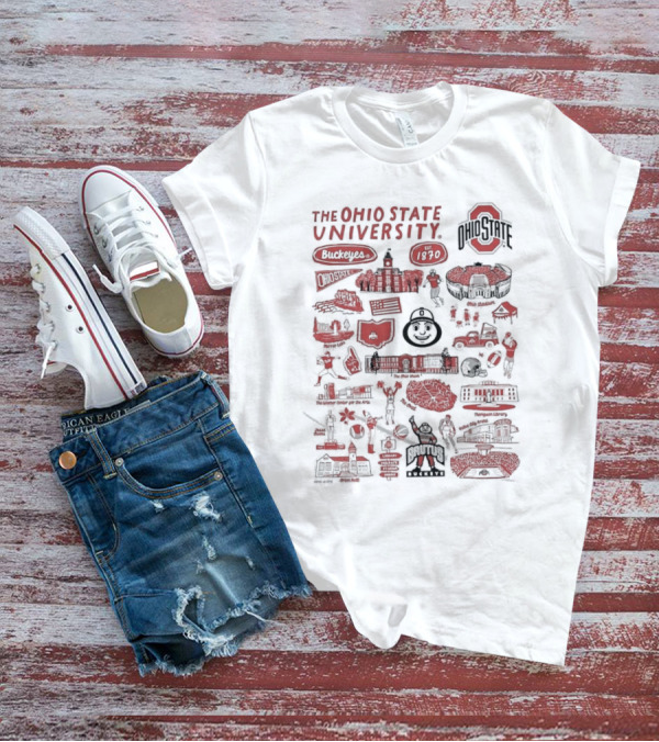 The Ohio State University Buckeyes Brutus Buckeye Est 1870 Scarlet And Gray Landmarks Montage T-Shirt
