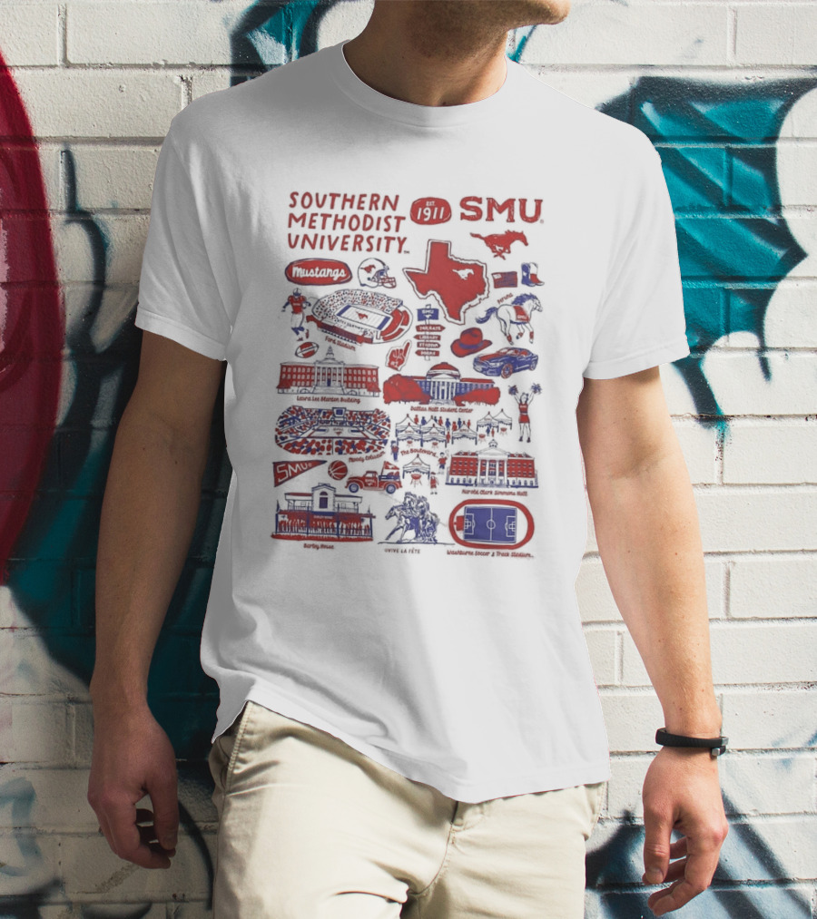 Southern Methodist University SMU Mustangs Est 1911 Vive La Fete Impressions Dallas Iconic Landmarks T-Shirt