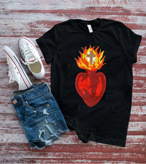 B Lake Sacred Heart Love Of God Cross Flame T-Shirt