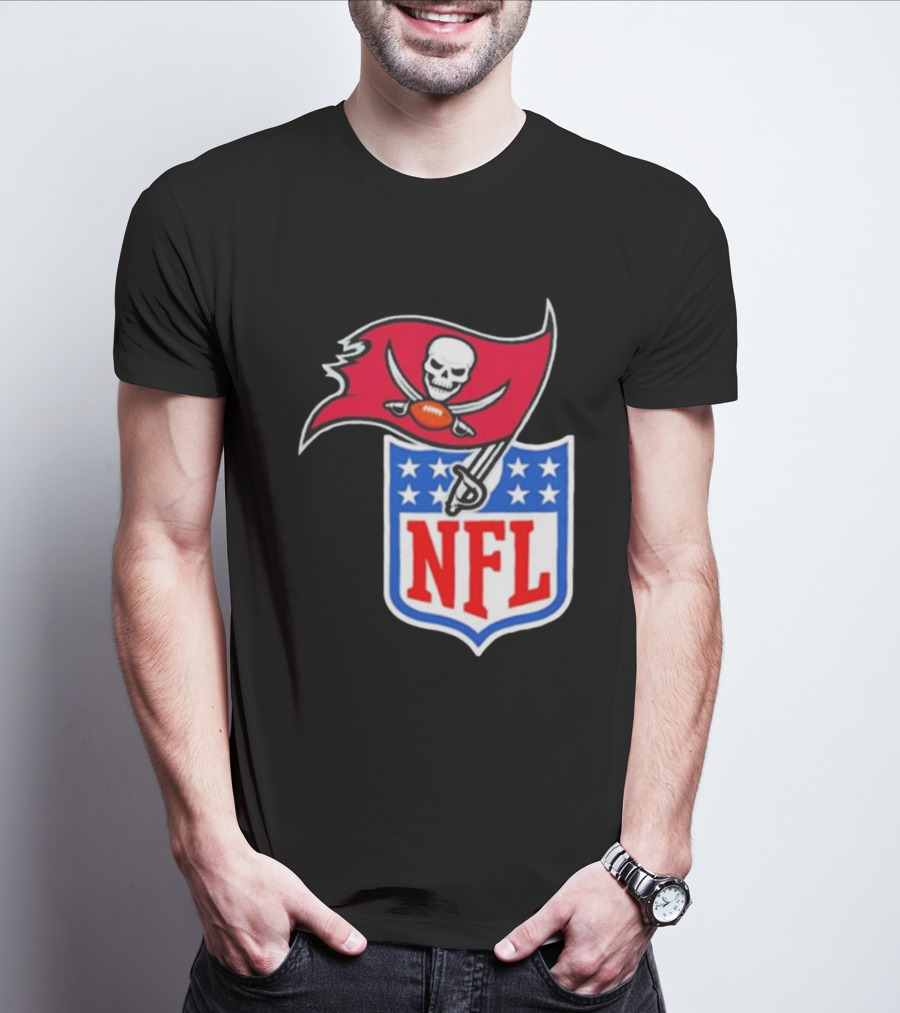Tampa Bay Buccaneers NFL Collaboration Logo With Pirate Flag And Shield T-Shirt