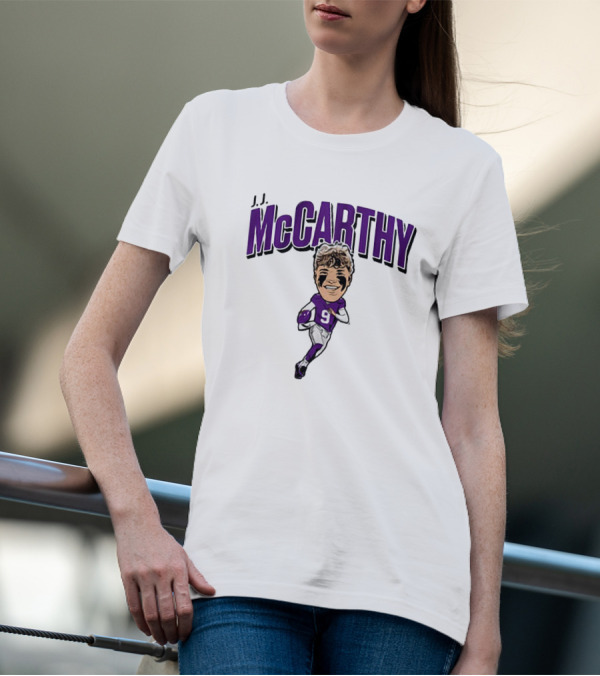 J.J. McCarthy 9 Running Quarterback Caricature T-Shirt