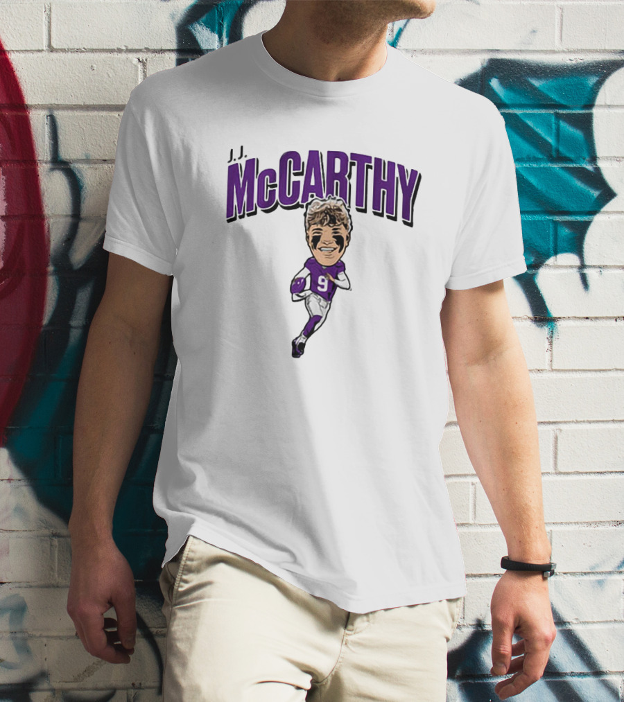 J.J. McCarthy 9 Running Quarterback Caricature T-Shirt