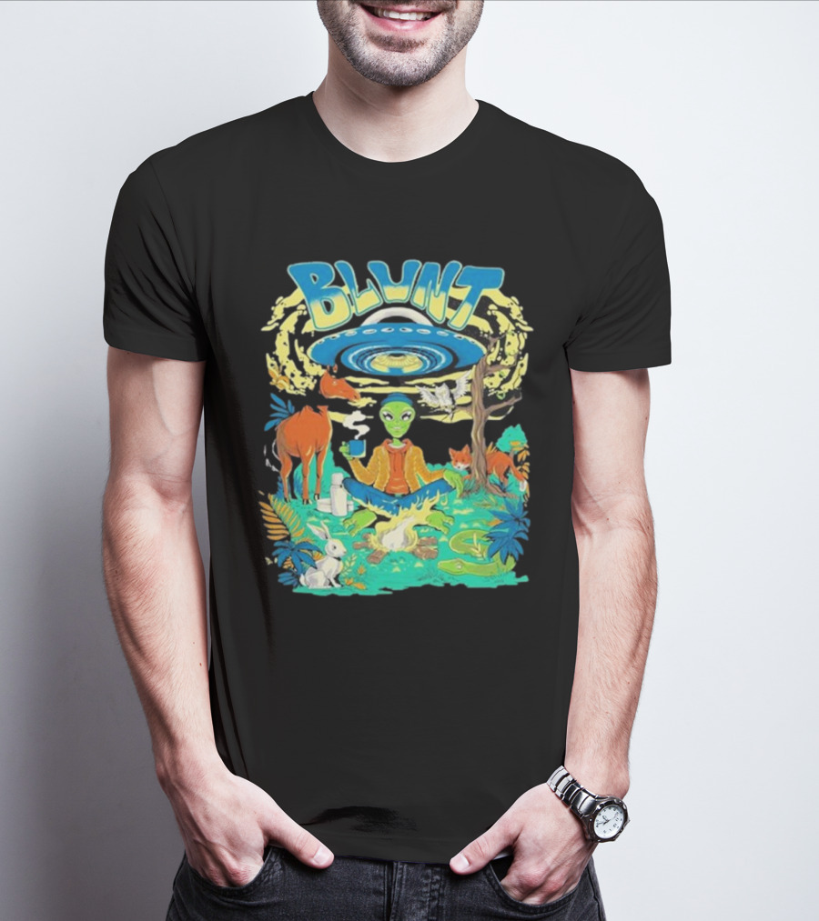 Blunt UFO Alien Smoking Forest Scene T-Shirt