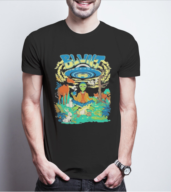 Blunt UFO Alien Smoking Forest Scene T-Shirt