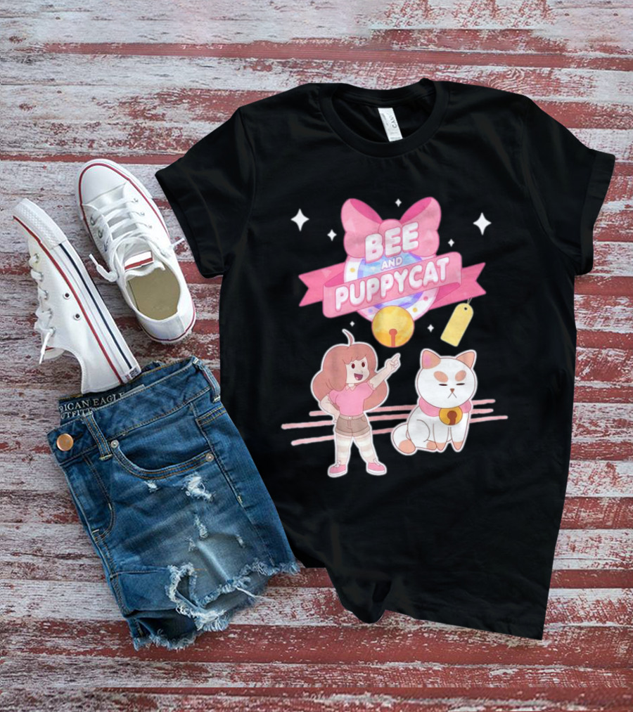 Bee And PuppyCat Cute Cartoon Characters With Pink Bow And Stars T-Shirt