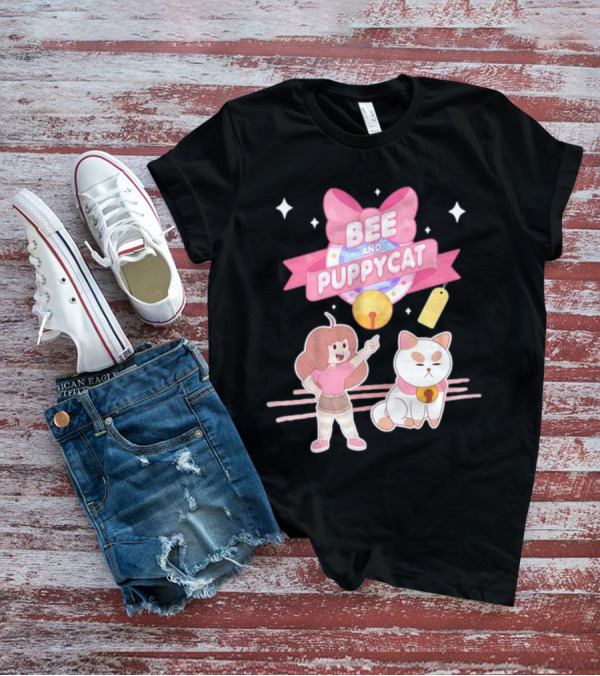 Bee And PuppyCat Cute Cartoon Characters With Pink Bow And Stars T-Shirt