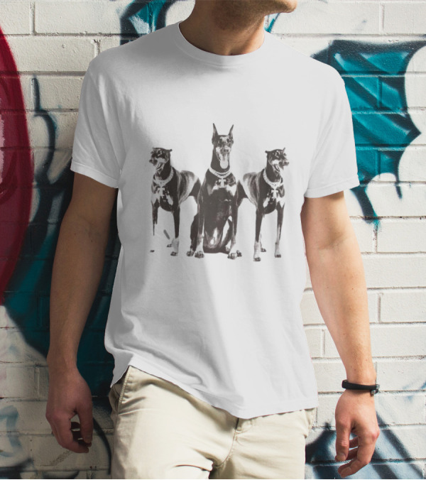 Doberman Dogs Trio In Black And White With Chain Collars T-Shirt