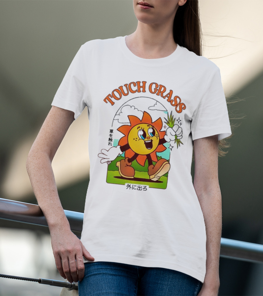 Touch Grass Retro Sun Character Outdoors Japanese Text T-Shirt
