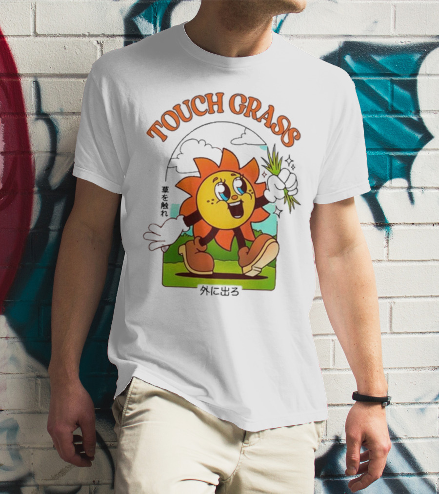 Touch Grass Retro Sun Character Outdoors Japanese Text T-Shirt