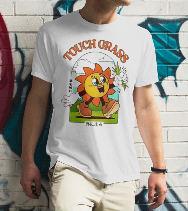 Touch Grass Retro Sun Character Outdoors Japanese Text T-Shirt