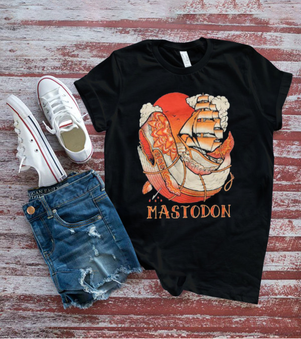 Mastodon Whale Tattoo Ship Against Red Sun T-Shirt