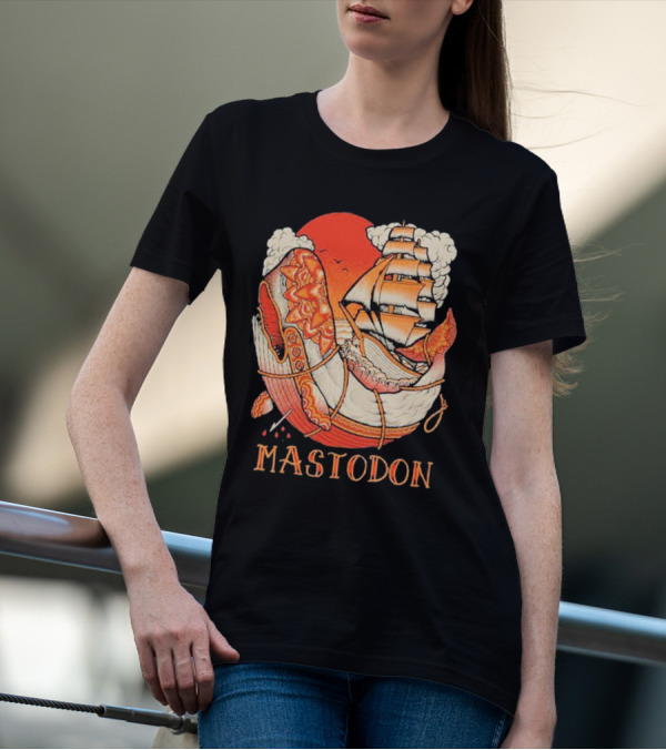 Mastodon Whale Tattoo Ship Against Red Sun T-Shirt