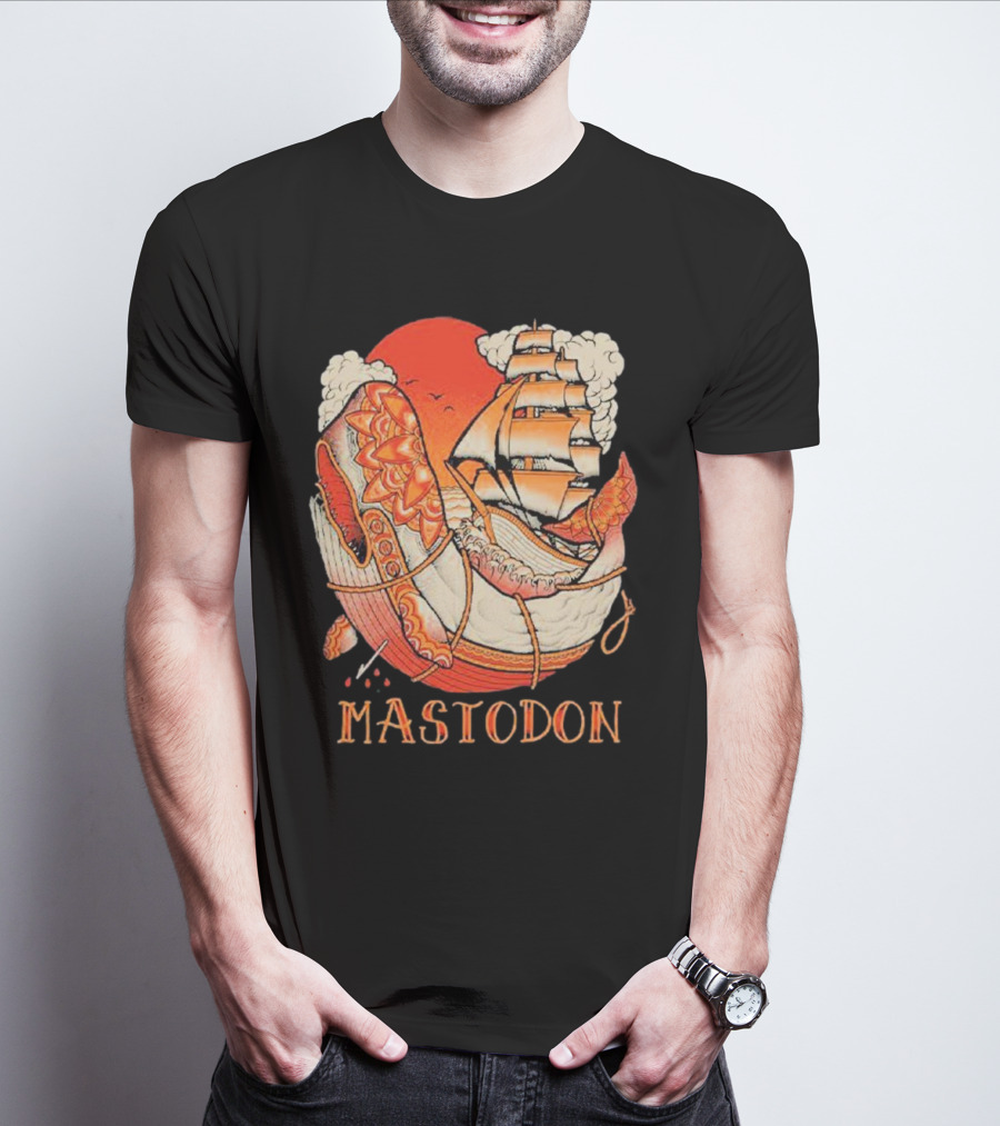 Mastodon Whale Tattoo Ship Against Red Sun T-Shirt