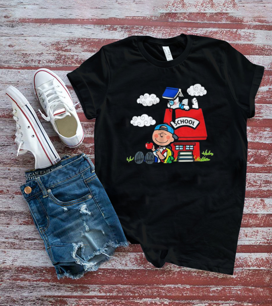 Snoopy School House With Backpack Apple And Clouds T-Shirt