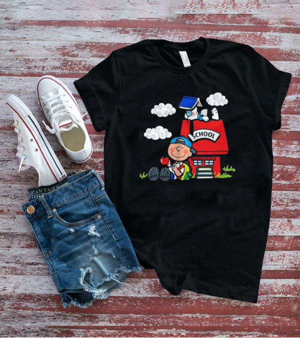 Snoopy School House With Backpack Apple And Clouds T-Shirt
