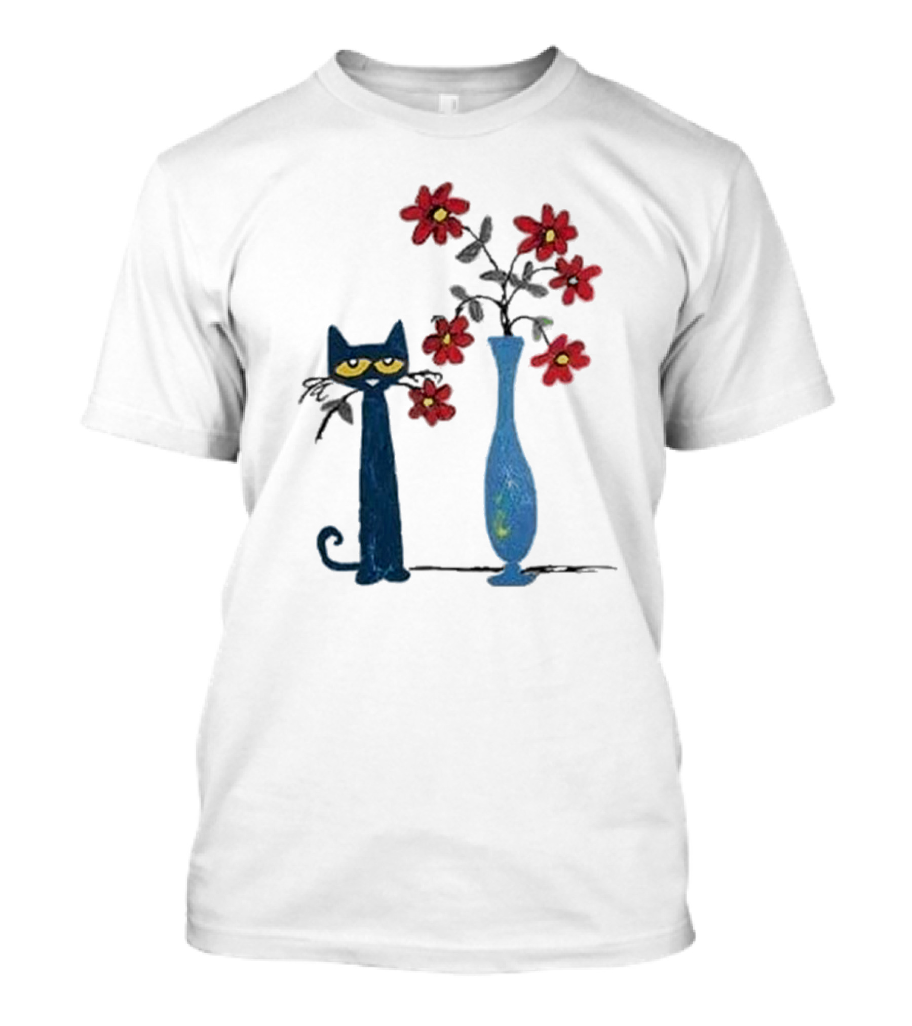Pete The Cat And Red Flowers In Blue Vase T-Shirt