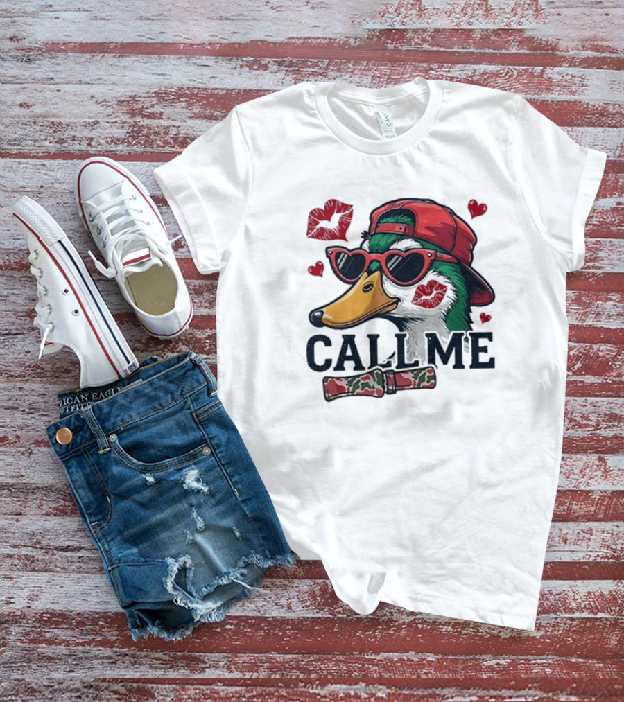 Call Me Valentine Mallard Duck In Sunglasses And Red Cap Surrounded By Hearts And Kisses T-Shirt