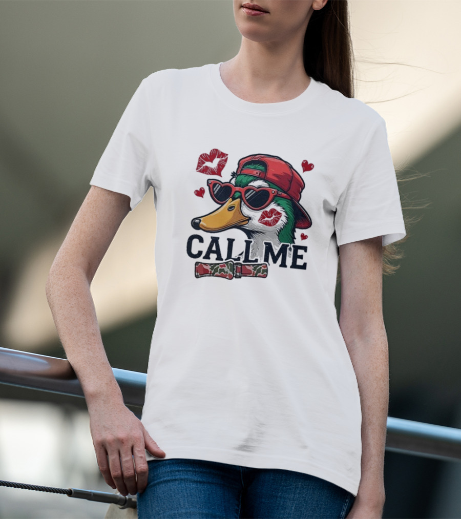Call Me Valentine Mallard Duck In Sunglasses And Red Cap Surrounded By Hearts And Kisses T-Shirt