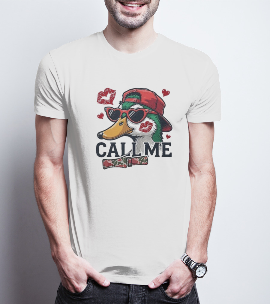 Call Me Valentine Mallard Duck In Sunglasses And Red Cap Surrounded By Hearts And Kisses T-Shirt