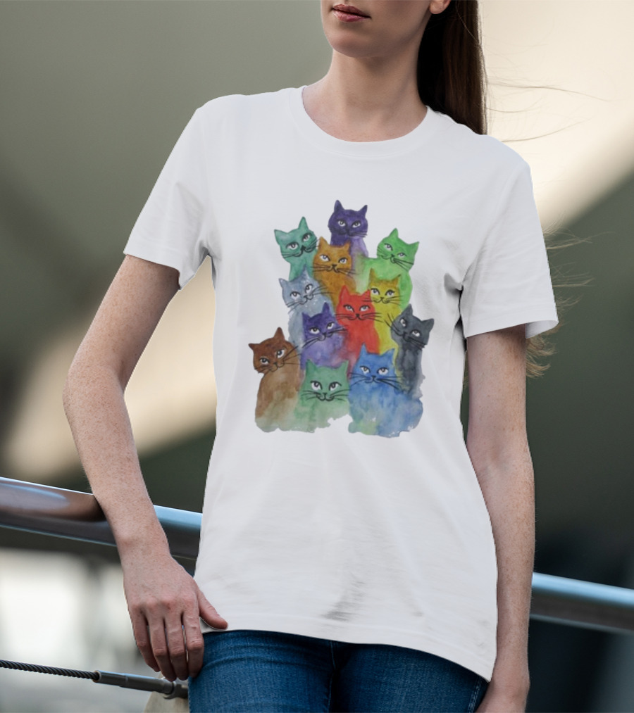 Cats All Around Colorful Watercolor Feline Faces T-Shirt