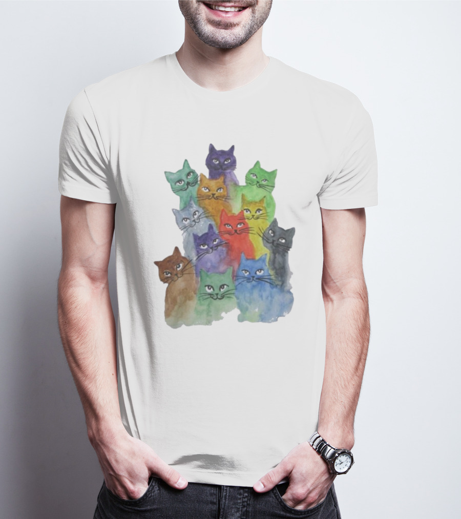 Cats All Around Colorful Watercolor Feline Faces T-Shirt