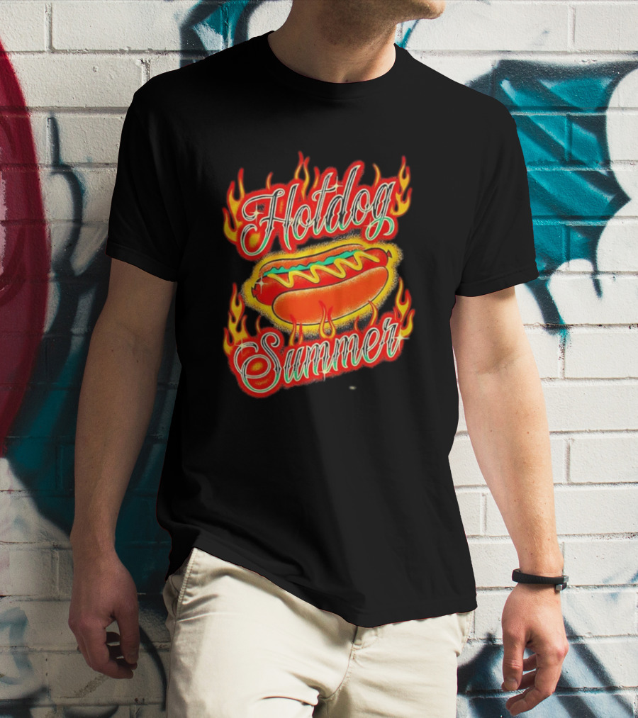Hotdog Summer Flaming Hotdog Graphic With Fiery Flames T-Shirt