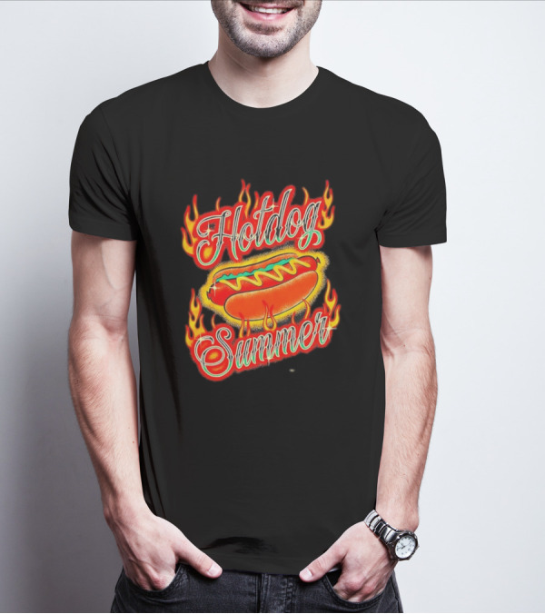 Hotdog Summer Flaming Hotdog Graphic With Fiery Flames T-Shirt