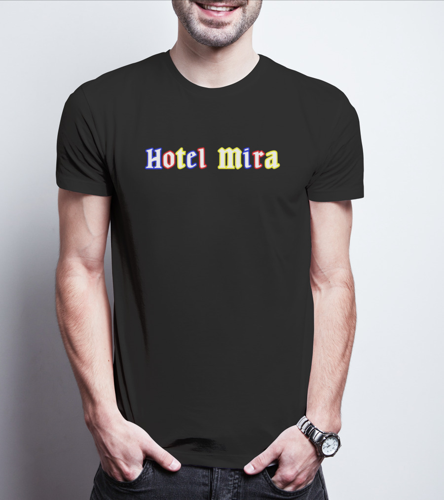 Hotel Mira Blue Red Yellow Text T-Shirt