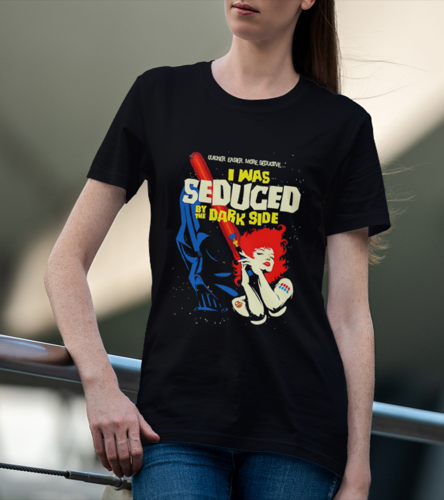 I Was Seduced By The Dark Side Cartoon Darth Vader And Redhead Woman T-Shirt