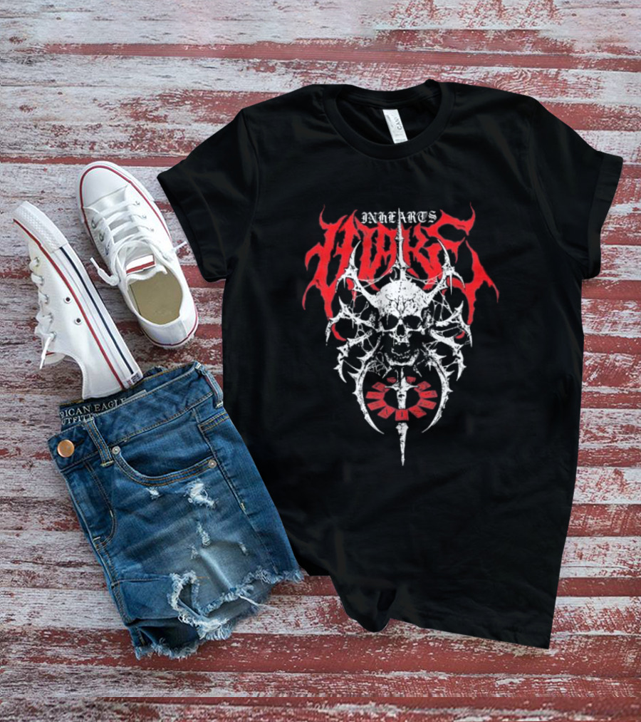 In Hearts Wake Skeletal Skull Red Text T-Shirt