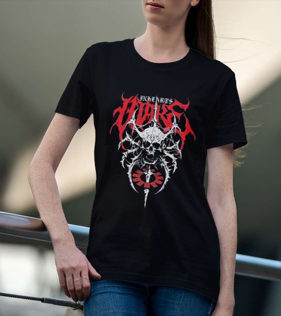 In Hearts Wake Skeletal Skull Red Text T-Shirt