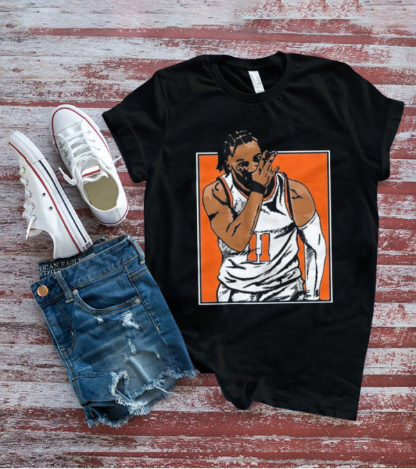 Jalen Brunson Number 11 Knicks Celebration Gesture Orange Background T-Shirt