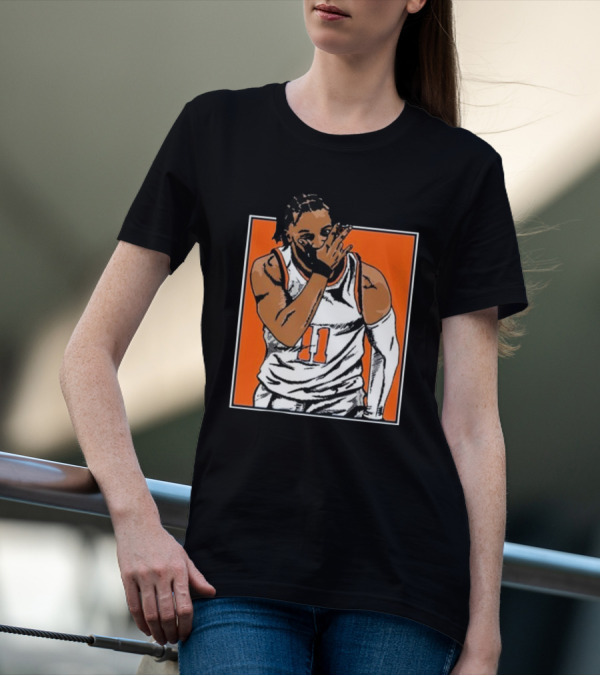Jalen Brunson Number 11 Knicks Celebration Gesture Orange Background T-Shirt